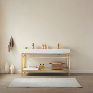 Open image in slideshow, Funes 60M&quot; Double Sink Bath Vanity in Brushed Gold Metal Support with White Sintered Stone Top
