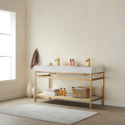 Funes 60M" Double Sink Bath Vanity in Brushed Gold Metal Support with White Sintered Stone Top