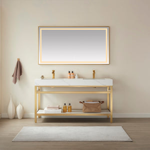 Open image in slideshow, Funes 60M&quot; Double Sink Bath Vanity in Brushed Gold Metal Support with White Sintered Stone Top
