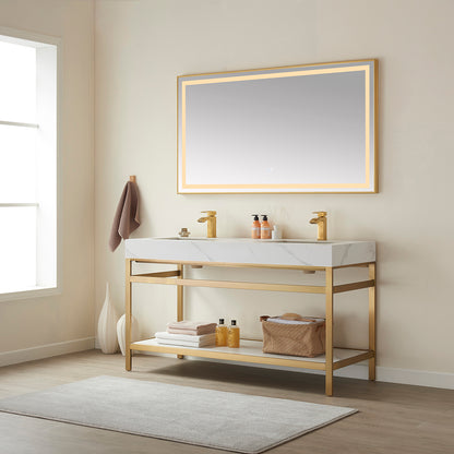 Funes 60M" Double Sink Bath Vanity in Brushed Gold Metal Support with White Sintered Stone Top