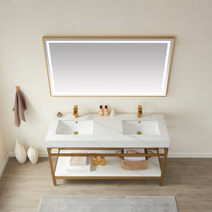 Funes 60M" Double Sink Bath Vanity in Brushed Gold Metal Support with White Sintered Stone Top