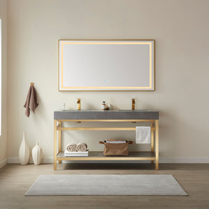 Open image in slideshow, Funes 60M&quot; Double Sink Bath Vanity in Brushed Gold Metal Support with Grey Sintered Stone Top
