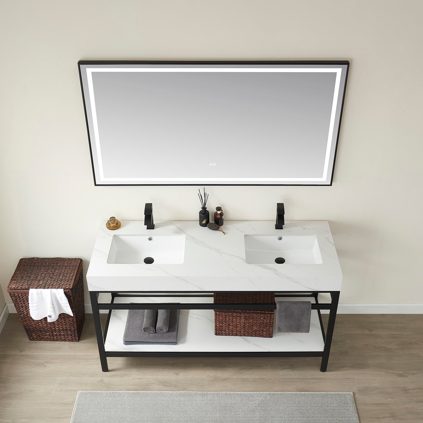 Funes 60M" Double Sink Bath Vanity in Matte Black Metal Support with White Sintered Stone Top