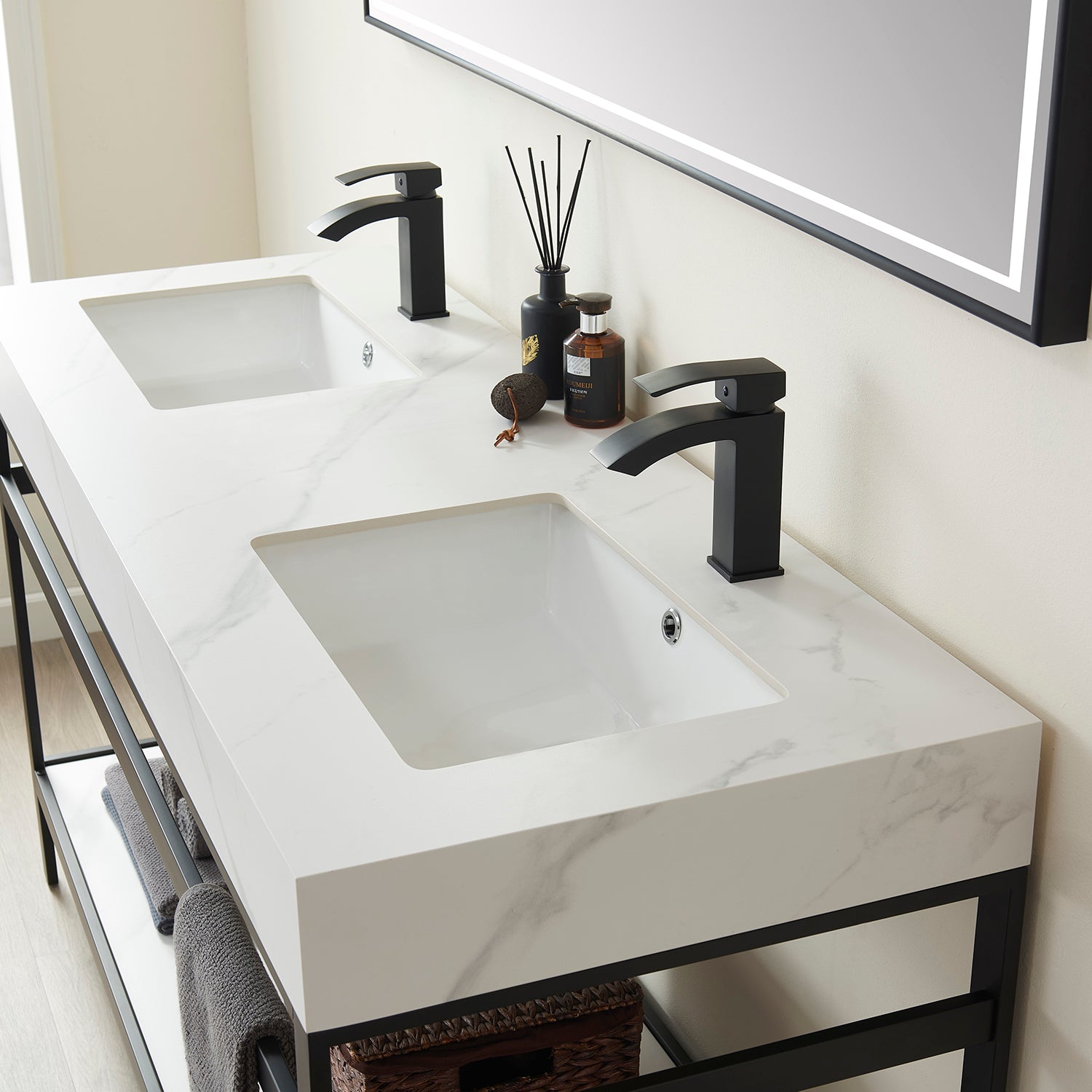 Funes 60M" Double Sink Bath Vanity in Matte Black Metal Support with White Sintered Stone Top