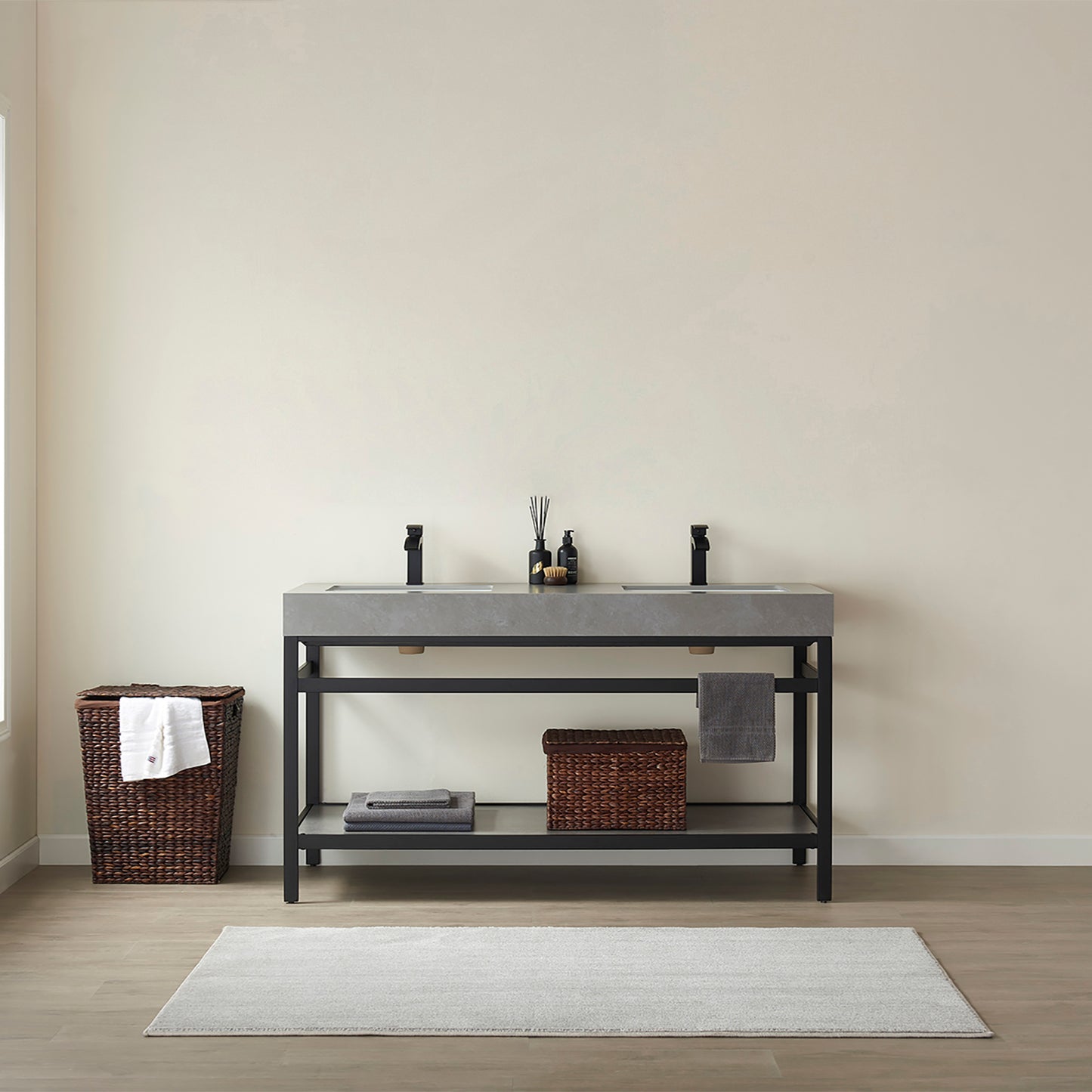 Funes 60M" Double Sink Bath Vanity in Matte Black Metal Support with Grey Sintered Stone Top