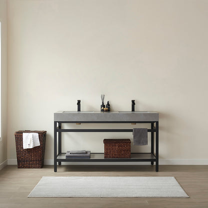 Funes 60M" Double Sink Bath Vanity in Matte Black Metal Support with Grey Sintered Stone Top