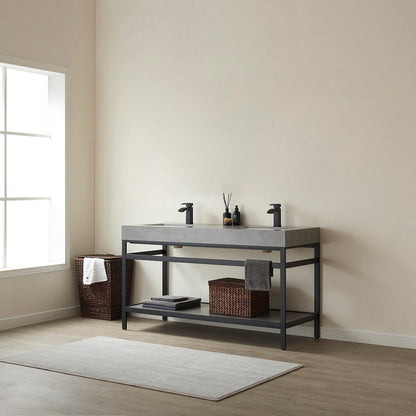 Funes 60M" Double Sink Bath Vanity in Matte Black Metal Support with Grey Sintered Stone Top