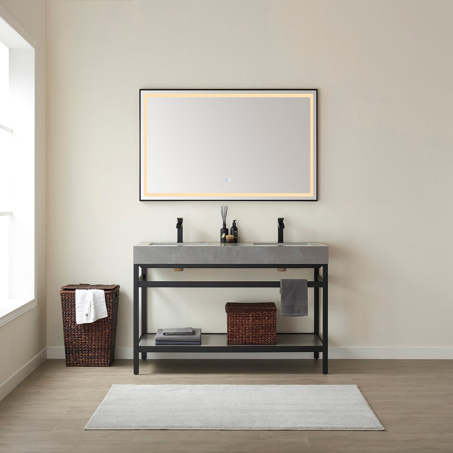 Funes 60M" Double Sink Bath Vanity in Matte Black Metal Support with Grey Sintered Stone Top