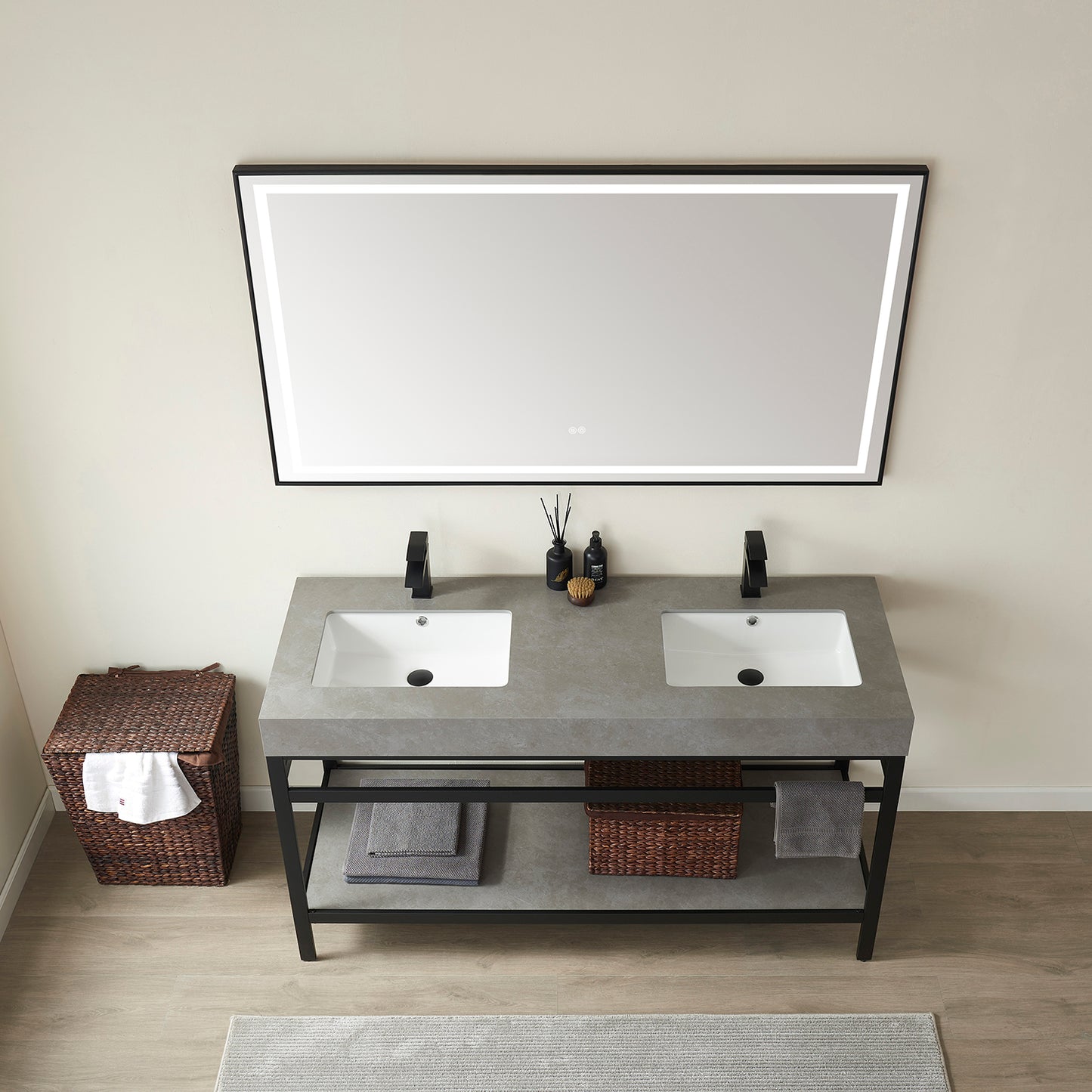 Funes 60M" Double Sink Bath Vanity in Matte Black Metal Support with Grey Sintered Stone Top
