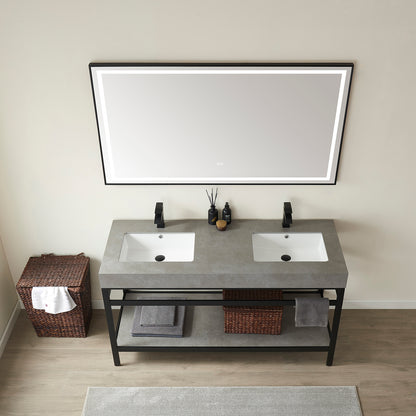 Funes 60M" Double Sink Bath Vanity in Matte Black Metal Support with Grey Sintered Stone Top
