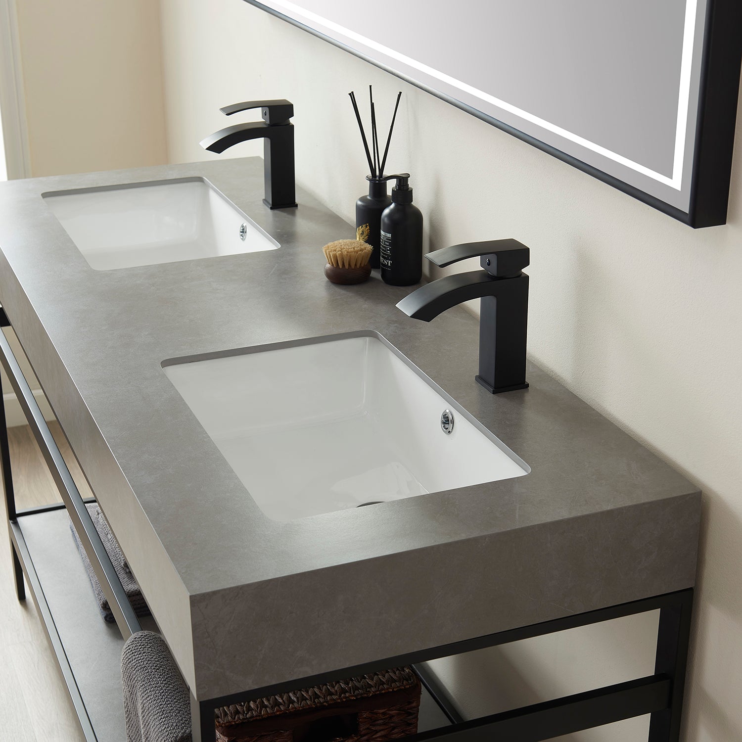 Funes 60M" Double Sink Bath Vanity in Matte Black Metal Support with Grey Sintered Stone Top