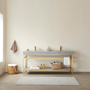 Open image in slideshow, Funes 72&quot; Double Sink Bath Vanity in Brushed Gold Metal Support with Grey Sintered Stone Top
