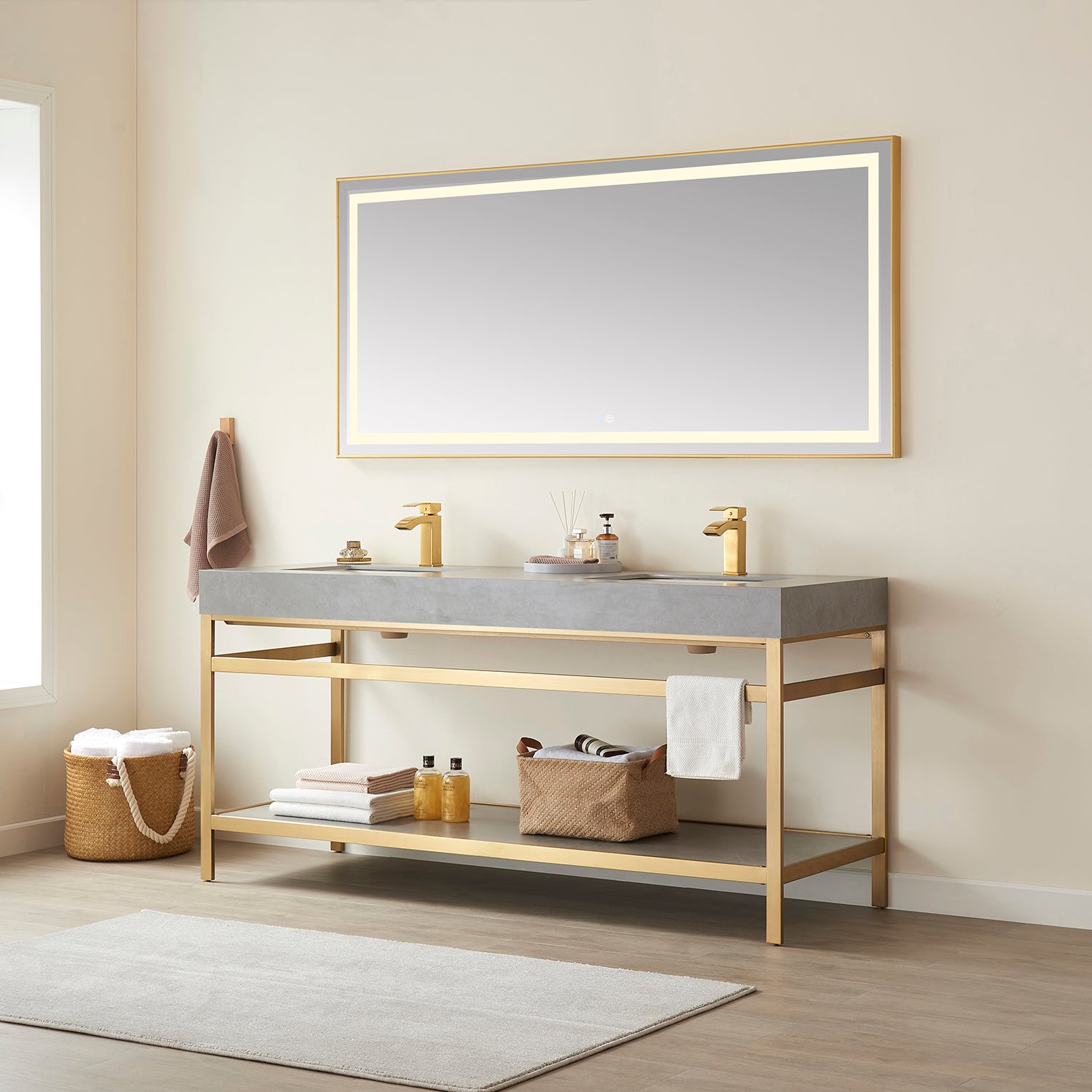 Funes 72" Double Sink Bath Vanity in Brushed Gold Metal Support with Grey Sintered Stone Top