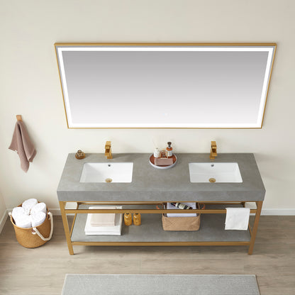 Funes 72" Double Sink Bath Vanity in Brushed Gold Metal Support with Grey Sintered Stone Top