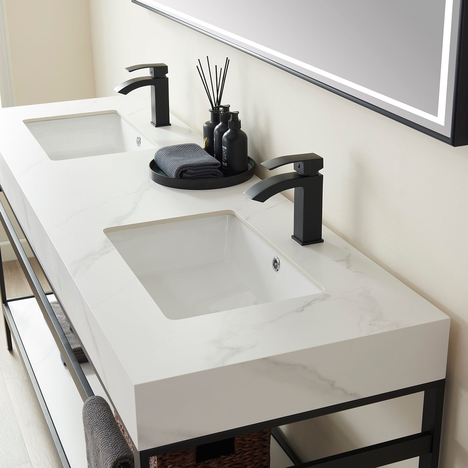 Funes 72" Double Sink Bath Vanity in Matte Black Metal Support with White Sintered Stone Top