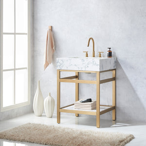 Ecija 24" Free-standing Single Bath Vanity in Brushed Gold Metal Support with Pandora White Composite Stone Top