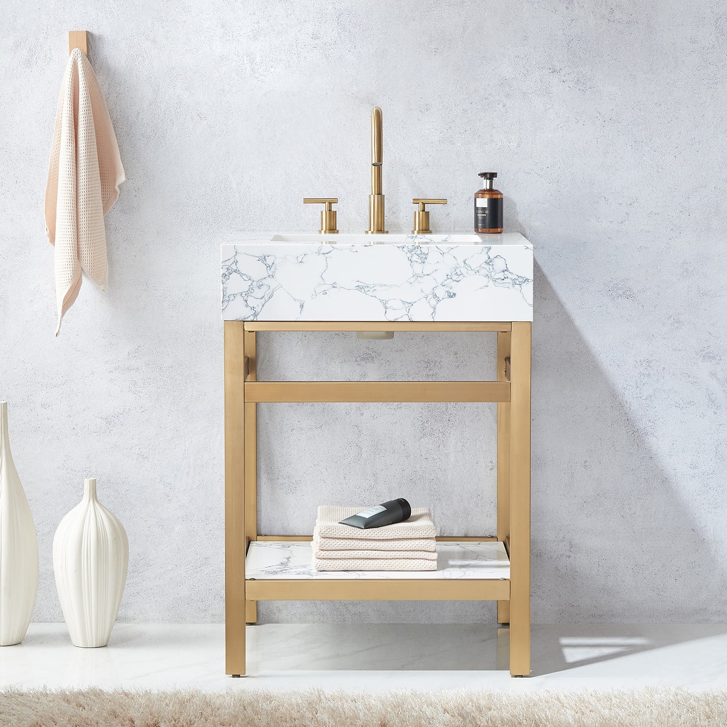 Ecija 24" Free-standing Single Bath Vanity in Brushed Gold Metal Support with Pandora White Composite Stone Top