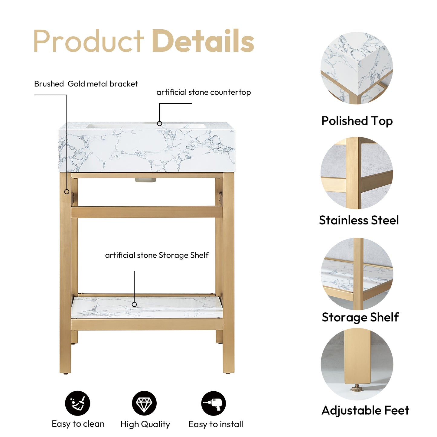 Ecija 24" Free-standing Single Bath Vanity in Brushed Gold Metal Support with Pandora White Composite Stone Top