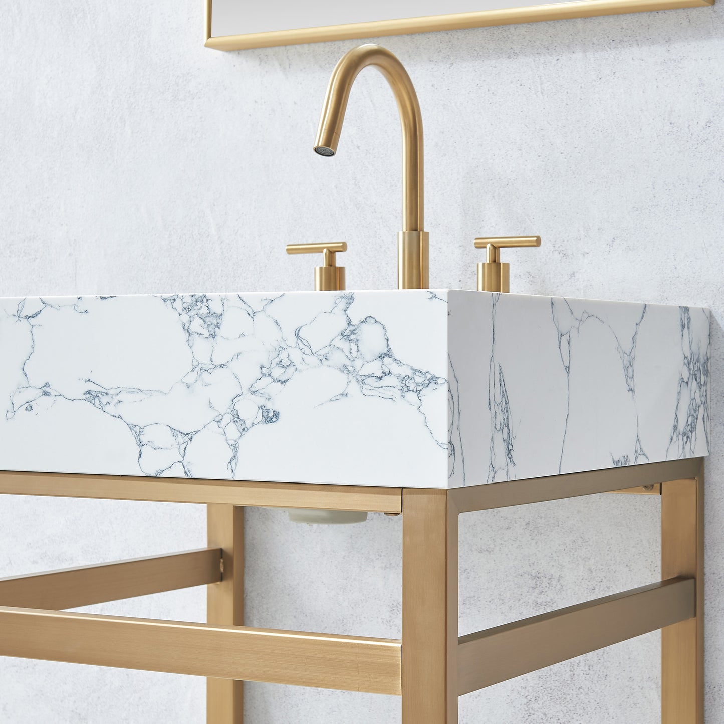 Ecija 24" Free-standing Single Bath Vanity in Brushed Gold Metal Support with Pandora White Composite Stone Top