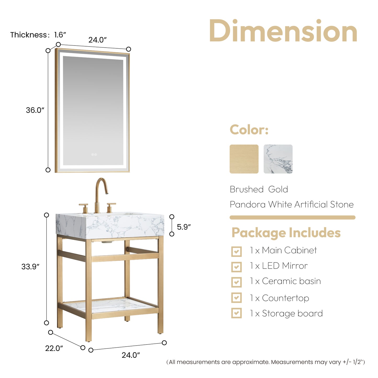 Ecija 24" Free-standing Single Bath Vanity in Brushed Gold Metal Support with Pandora White Composite Stone Top