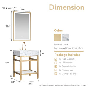 Ecija 24" Free-standing Single Bath Vanity in Brushed Gold Metal Support with Pandora White Composite Stone Top