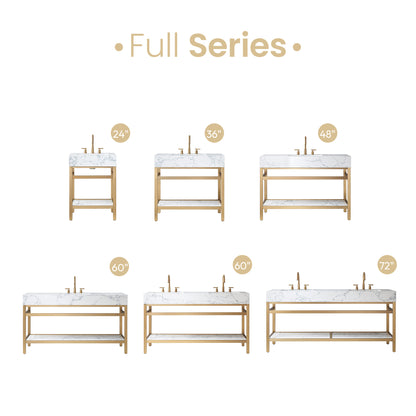 Ecija 24" Free-standing Single Bath Vanity in Brushed Gold Metal Support with Pandora White Composite Stone Top