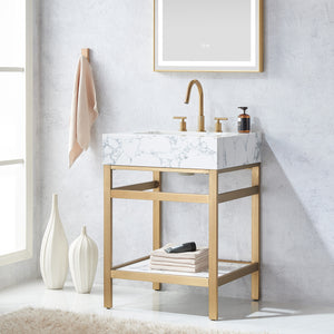 Ecija 24" Free-standing Single Bath Vanity in Brushed Gold Metal Support with Pandora White Composite Stone Top