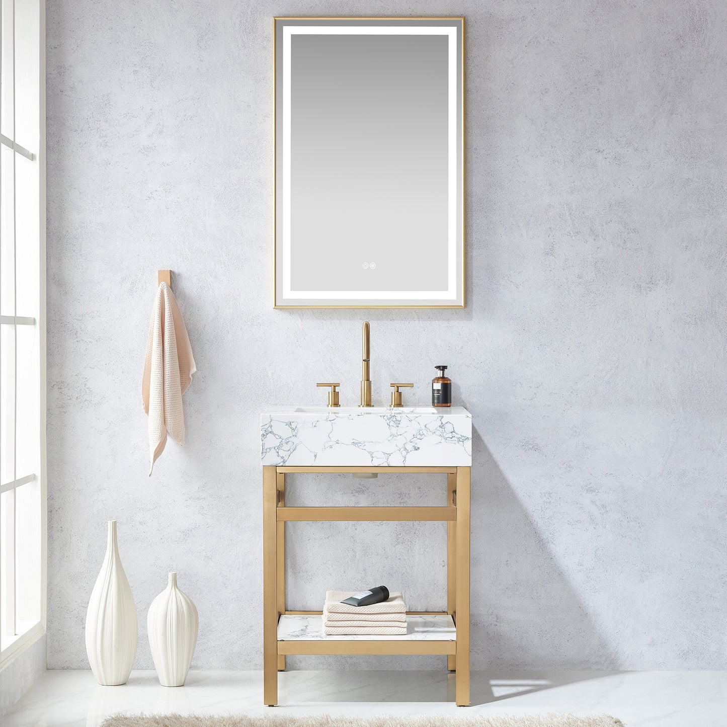 Ecija 24" Free-standing Single Bath Vanity in Brushed Gold Metal Support with Pandora White Composite Stone Top