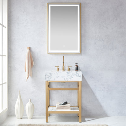 Ecija 24" Free-standing Single Bath Vanity in Brushed Gold Metal Support with Pandora White Composite Stone Top