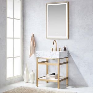 Ecija 24" Free-standing Single Bath Vanity in Brushed Gold Metal Support with Pandora White Composite Stone Top