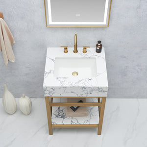 Ecija 24" Free-standing Single Bath Vanity in Brushed Gold Metal Support with Pandora White Composite Stone Top