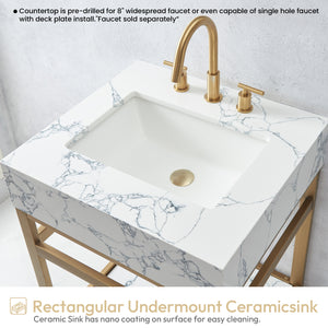 Ecija 24" Free-standing Single Bath Vanity in Brushed Gold Metal Support with Pandora White Composite Stone Top