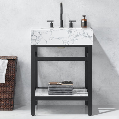 Ecija 24" Free-standing Single Bath Vanity in Matte Black Metal Support with Pandora White Composite Stone Top