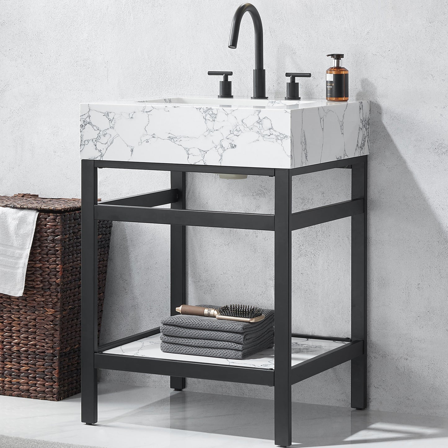 Ecija 24" Free-standing Single Bath Vanity in Matte Black Metal Support with Pandora White Composite Stone Top