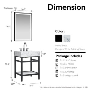 Ecija 24" Free-standing Single Bath Vanity in Matte Black Metal Support with Pandora White Composite Stone Top