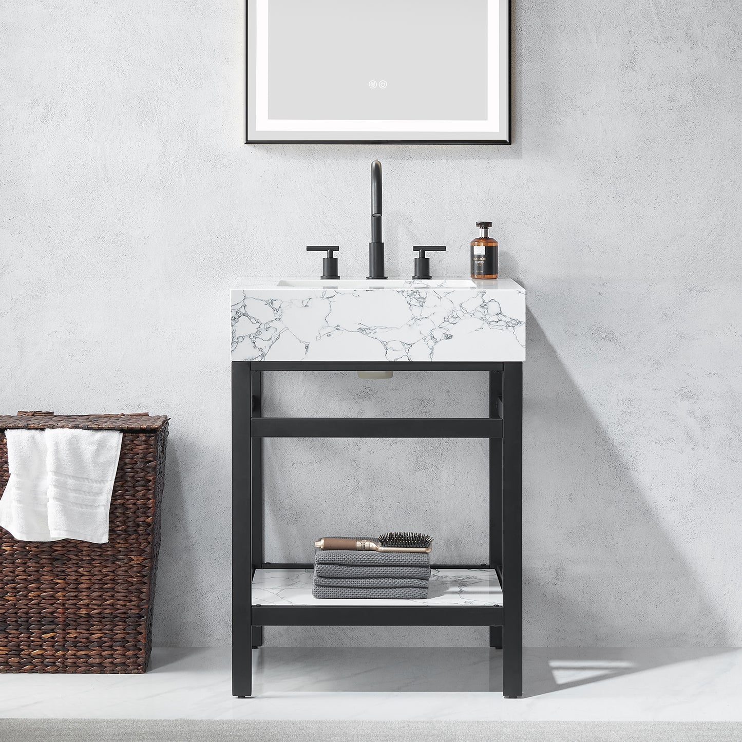 Ecija 24" Free-standing Single Bath Vanity in Matte Black Metal Support with Pandora White Composite Stone Top