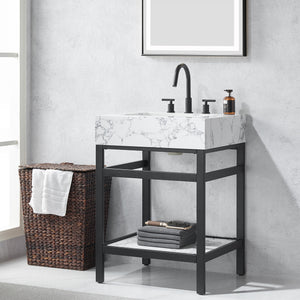 Ecija 24" Free-standing Single Bath Vanity in Matte Black Metal Support with Pandora White Composite Stone Top