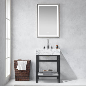 Open image in slideshow, Ecija 24&quot; Free-standing Single Bath Vanity in Matte Black Metal Support with Pandora White Composite Stone Top
