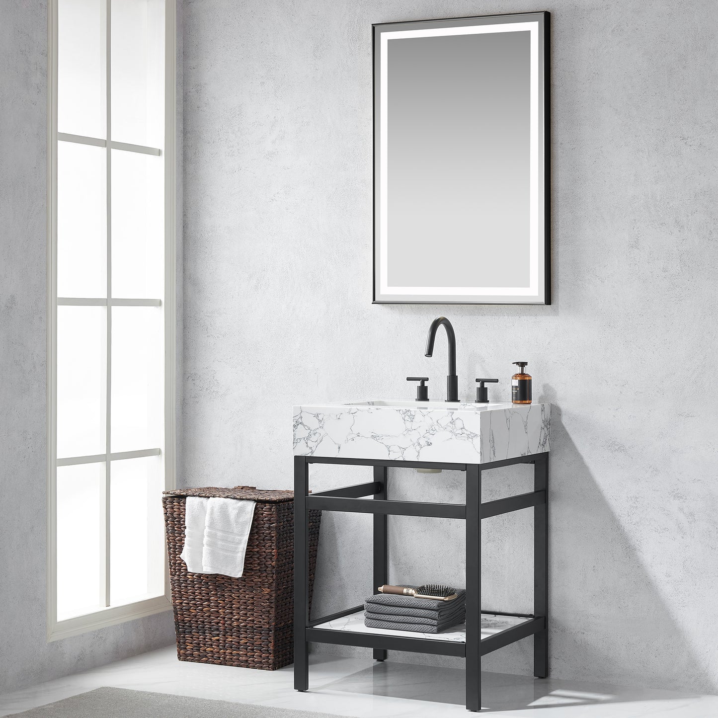 Ecija 24" Free-standing Single Bath Vanity in Matte Black Metal Support with Pandora White Composite Stone Top