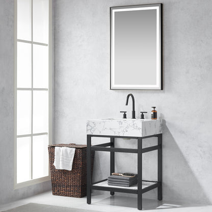 Ecija 24" Free-standing Single Bath Vanity in Matte Black Metal Support with Pandora White Composite Stone Top