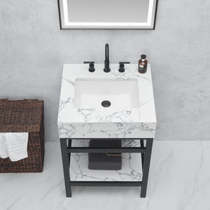 Ecija 24" Free-standing Single Bath Vanity in Matte Black Metal Support with Pandora White Composite Stone Top