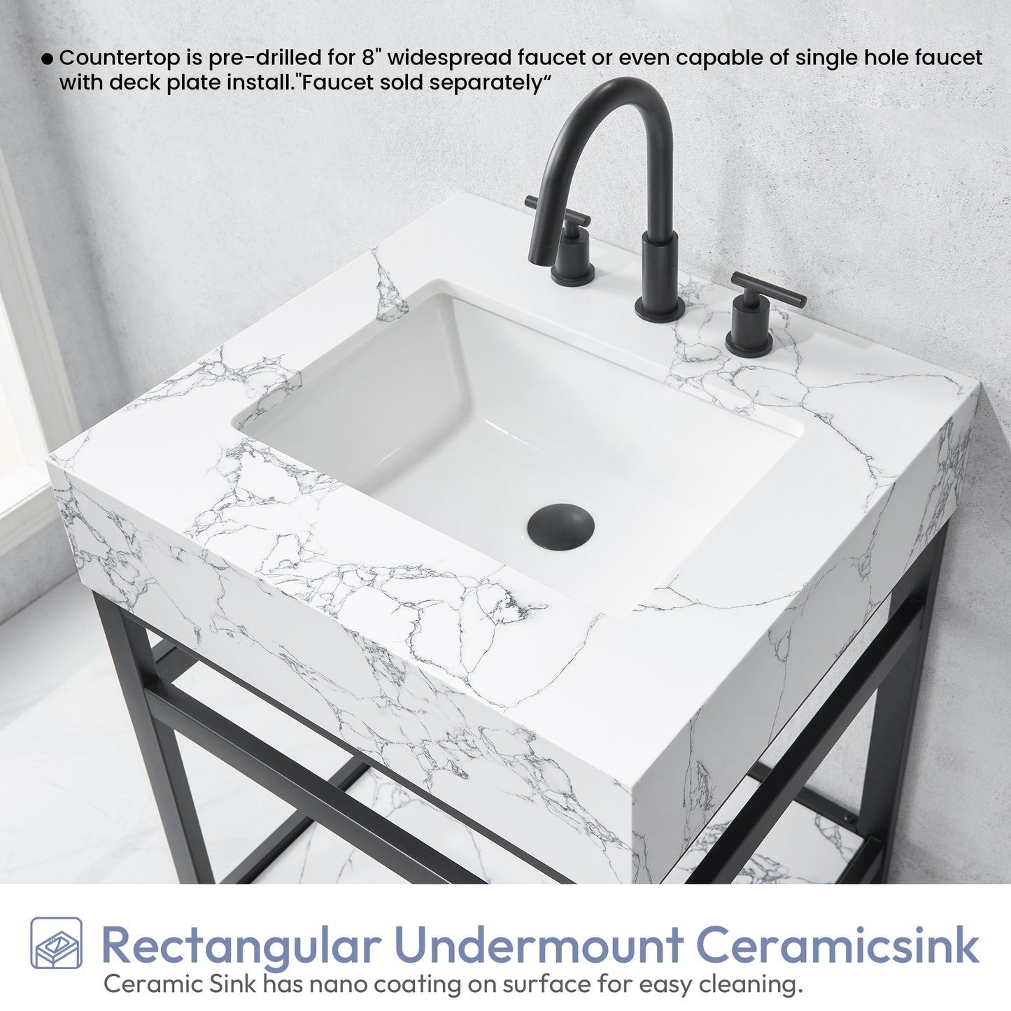 Ecija 24" Free-standing Single Bath Vanity in Matte Black Metal Support with Pandora White Composite Stone Top