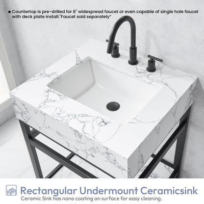 Ecija 24" Free-standing Single Bath Vanity in Matte Black Metal Support with Pandora White Composite Stone Top