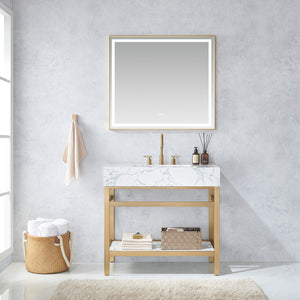 Open image in slideshow, Ecija 36&quot; Free-standing Single Bath Vanity in Brushed Gold Metal Support with Pandora White Composite Stone Top
