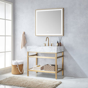 Ecija 36" Free-standing Single Bath Vanity in Brushed Gold Metal Support with Pandora White Composite Stone Top