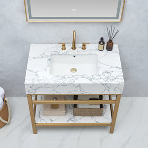 Ecija 36" Free-standing Single Bath Vanity in Brushed Gold Metal Support with Pandora White Composite Stone Top