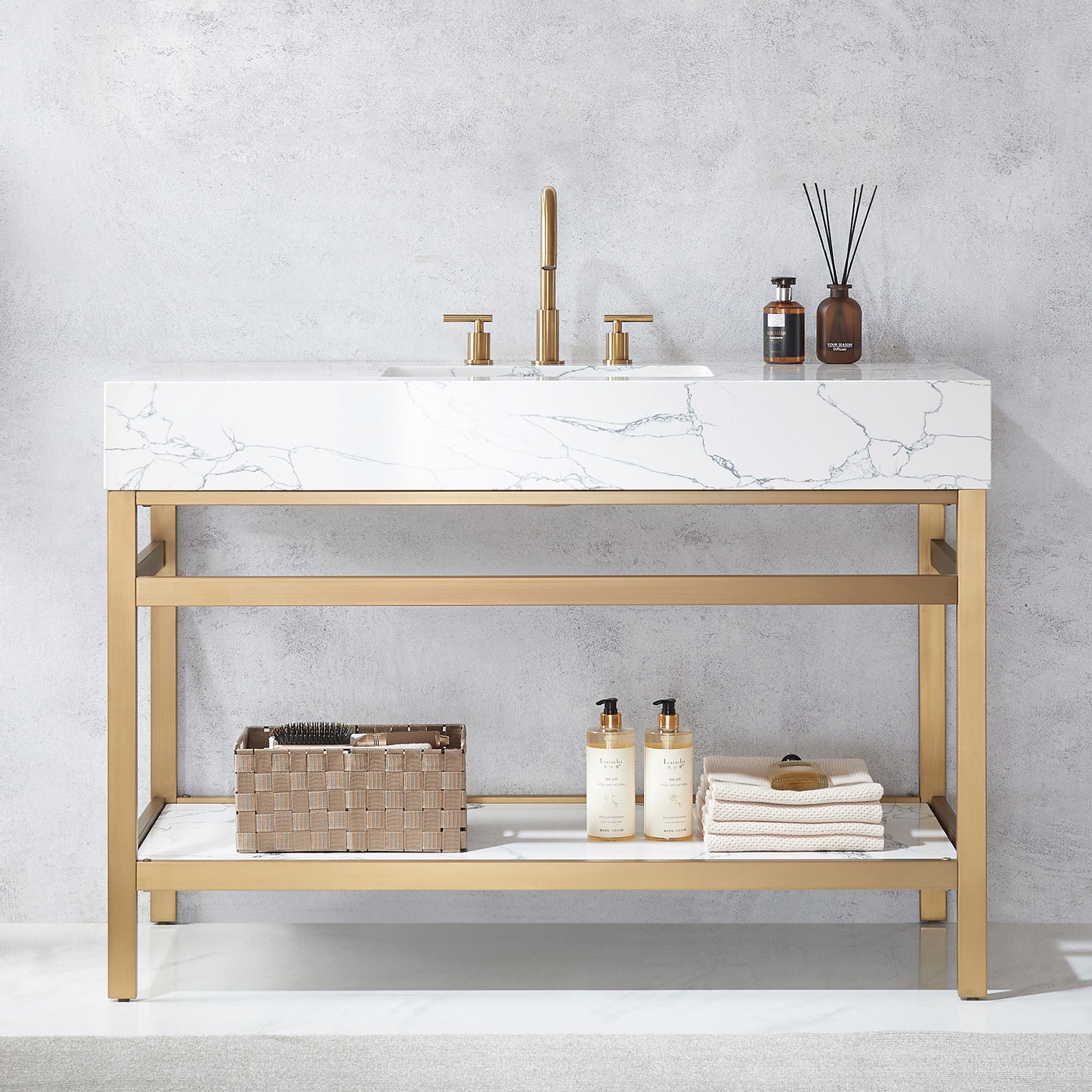 Ecija 48" Free-standing Single Bath Vanity in Brushed Gold Metal Support with Pandora White Composite Stone Top