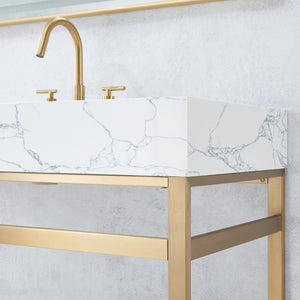 Ecija 48" Free-standing Single Bath Vanity in Brushed Gold Metal Support with Pandora White Composite Stone Top