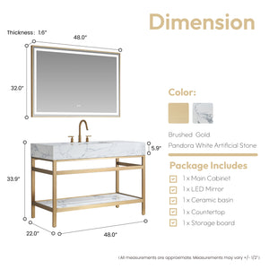 Ecija 48" Free-standing Single Bath Vanity in Brushed Gold Metal Support with Pandora White Composite Stone Top