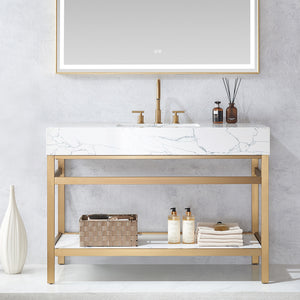 Ecija 48" Free-standing Single Bath Vanity in Brushed Gold Metal Support with Pandora White Composite Stone Top